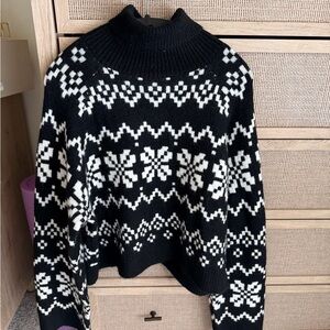Divided Black and White Nordic Pattern Turtleneck Sweater